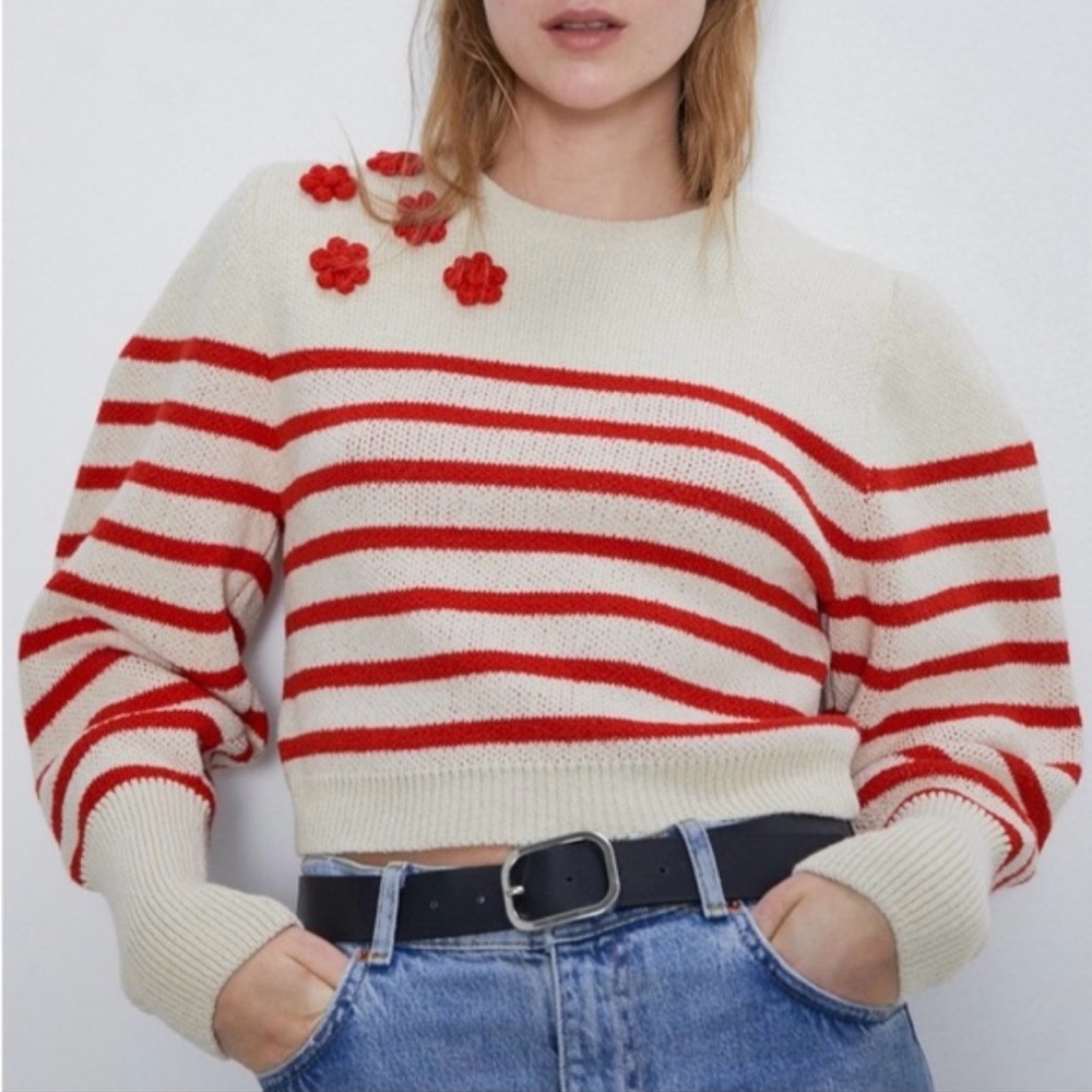 Zara Red and Cream Striped, Cropped Sweater